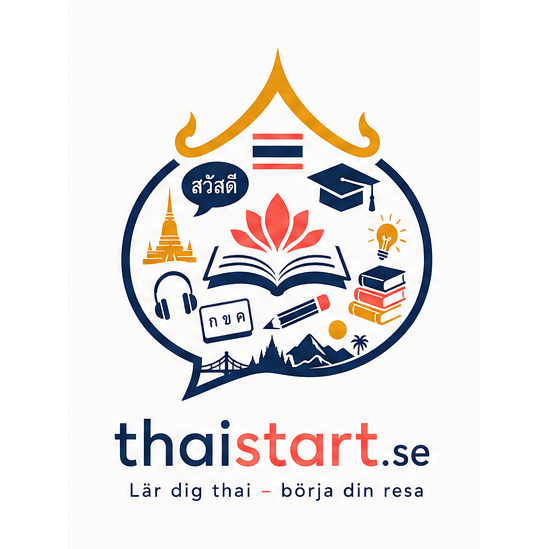 ThaiStart med symboler för språk, böcker, ljud och Thailand